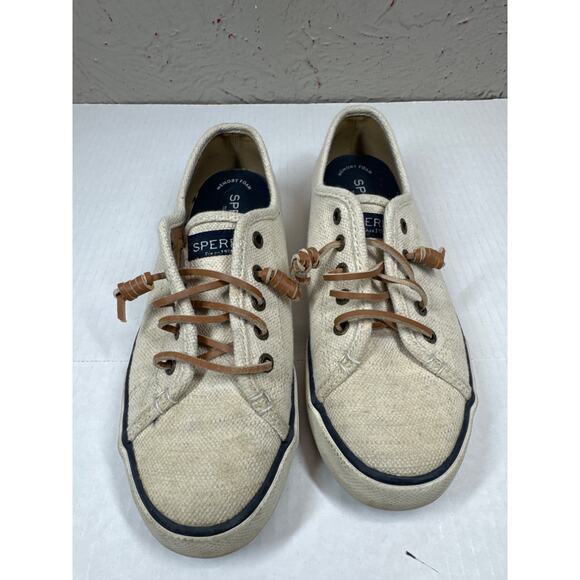 Sperry Pier View Canvas Sneaker Womens Top Slider Memory Foam Beige Size 7 - Picture 1 of 4